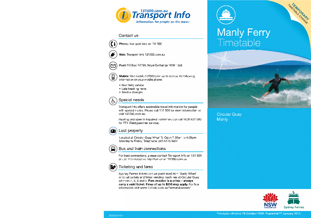 Manly Ferry Timetable Manly Ferry Timetable 