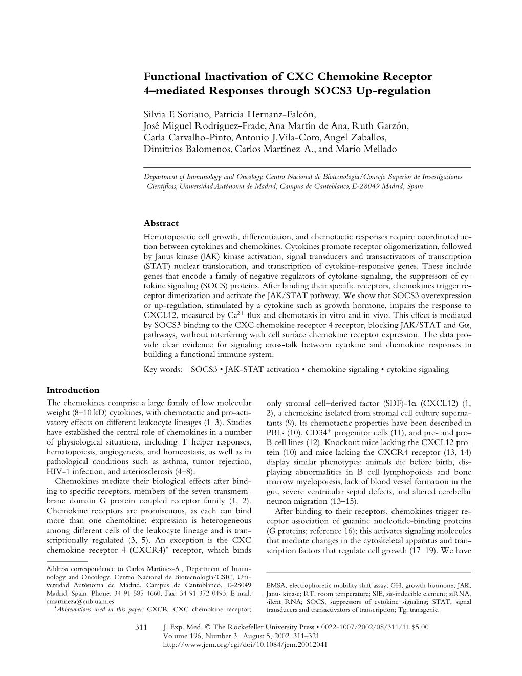 Functional Inactivation of CXC Chemokine Receptor 4–Mediated Responses Through SOCS3 Up-Regulation