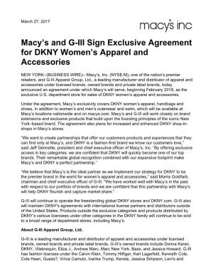 Macy's and G-III Sign Exclusive Agreement for DKNY Women's
