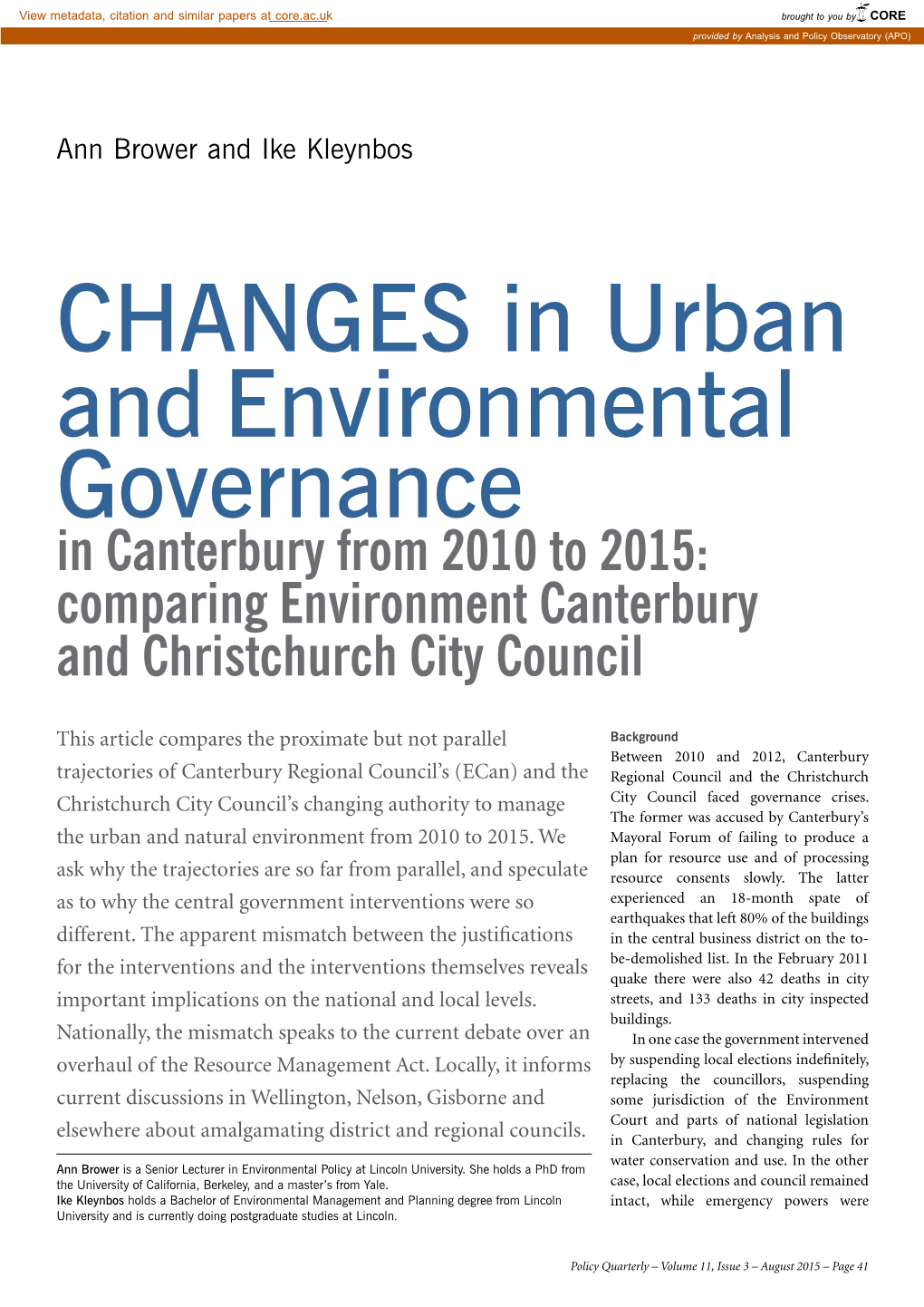 CHANGES in Urban and Environmental Governance in Canterbury from 2010 to 2015: Comparing Environment Canterbury and Christchurch City Council