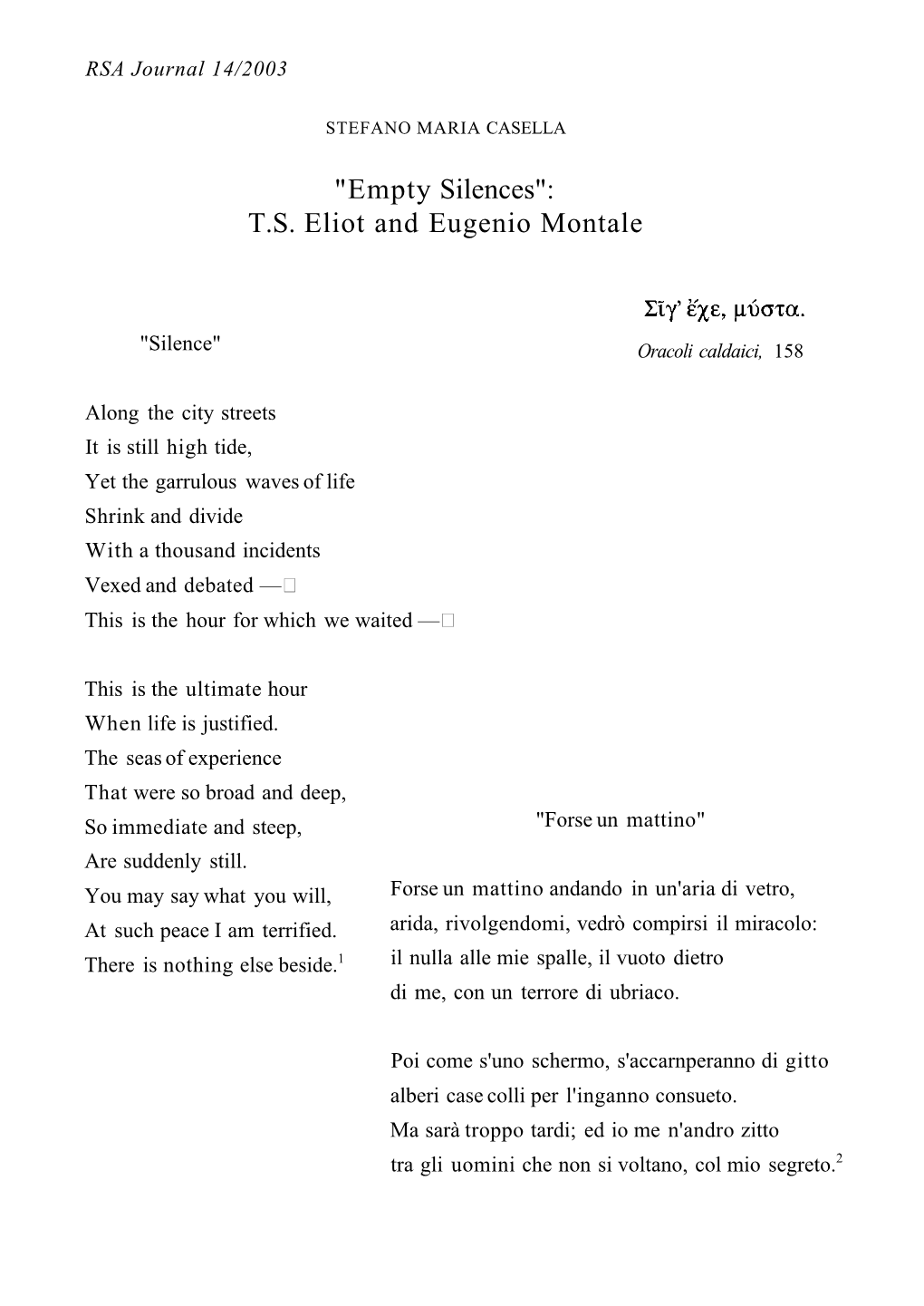 TS Eliot and Eugenio Montale