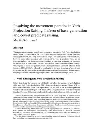 Resolving the Movement Paradox in Verb Projection Raising. in Favor of Base-Generation and Covert Predicate Raising