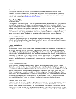 Pippin - Notes for Performers the Following Questions and Answers Are from the Archive of the Stephenschwartz.Com Forum