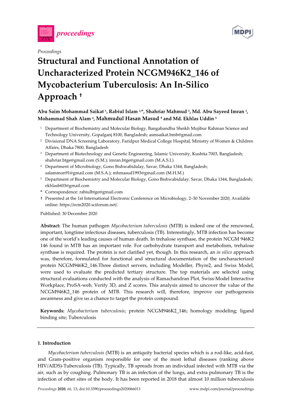 Structural and Functional Annotation of Uncharacterized Protein NCGM946K2 146 of Mycobacterium Tuberculosis: an In-Silico Approach †