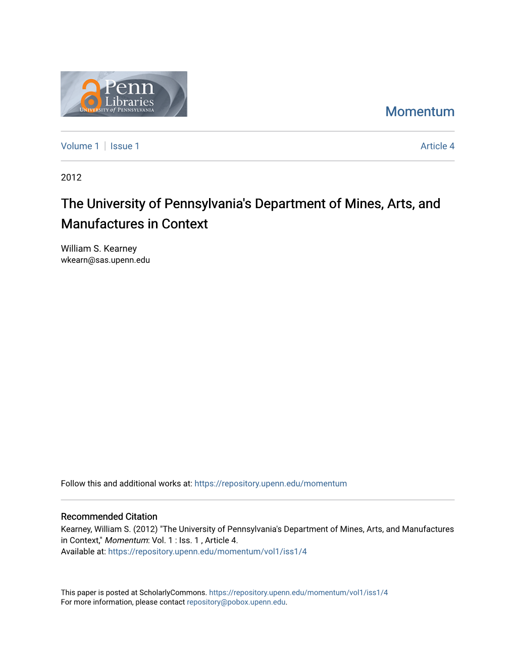 The University of Pennsylvania's Department of Mines, Arts, and Manufactures in Context