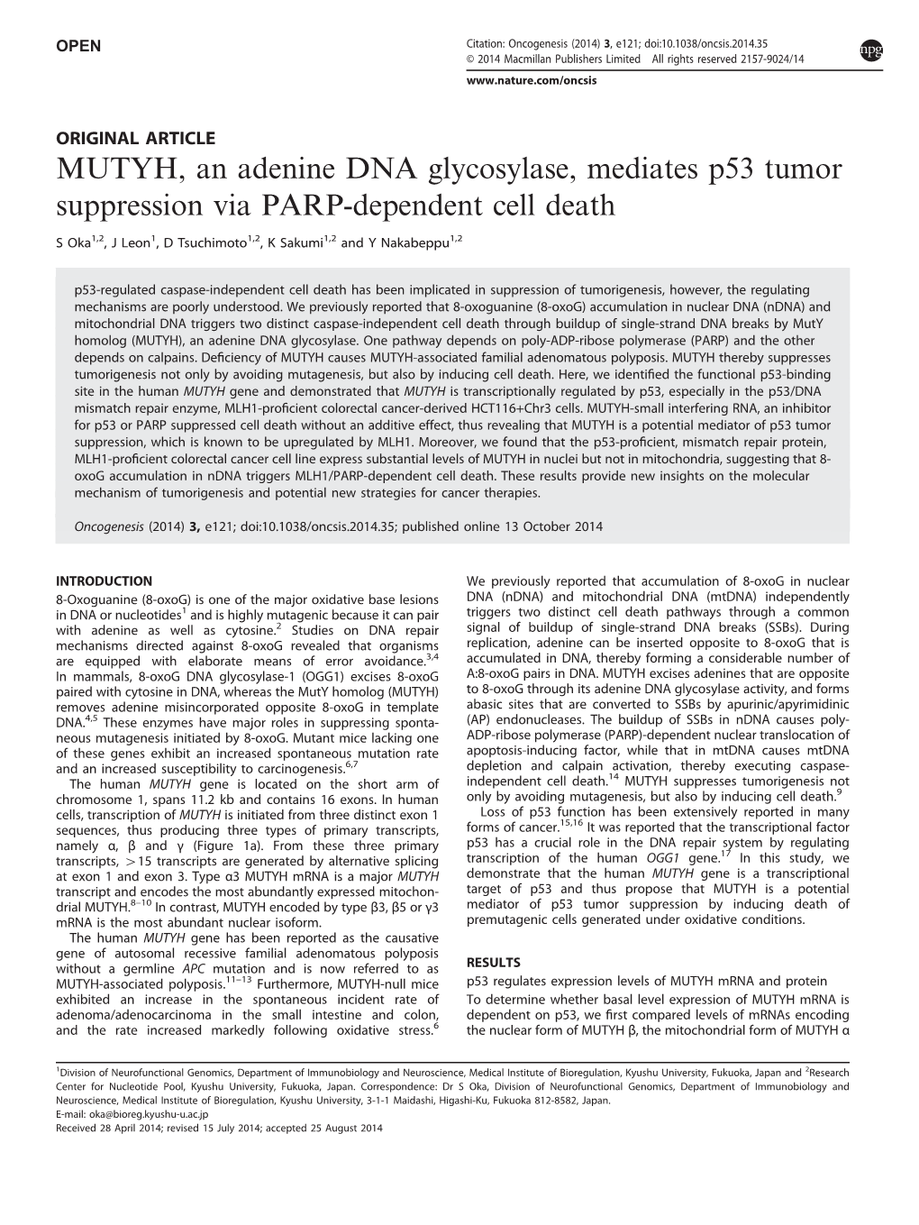 MUTYH, an Adenine DNA Glycosylase, Mediates P53 Tumor Suppression Via PARP-Dependent Cell Death