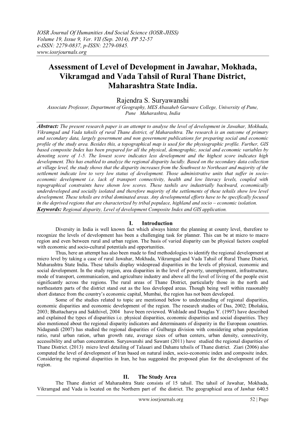 Assessment of Level of Development in Jawahar, Mokhada, Vikramgad and Vada Tahsil of Rural Thane District, Maharashtra State India