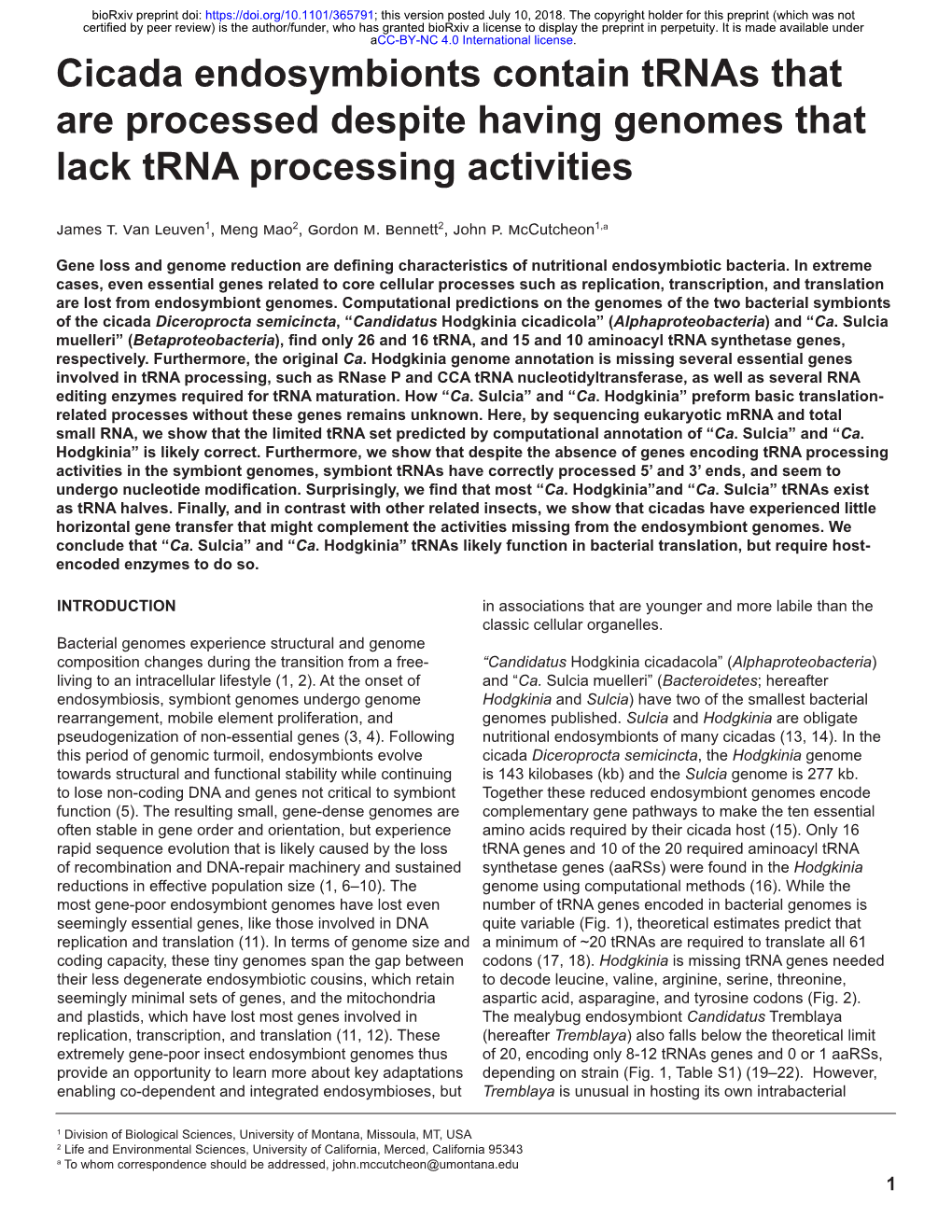 Cicada Endosymbionts Contain Trnas That Are Processed Despite Having Genomes That Lack Trna Processing Activities