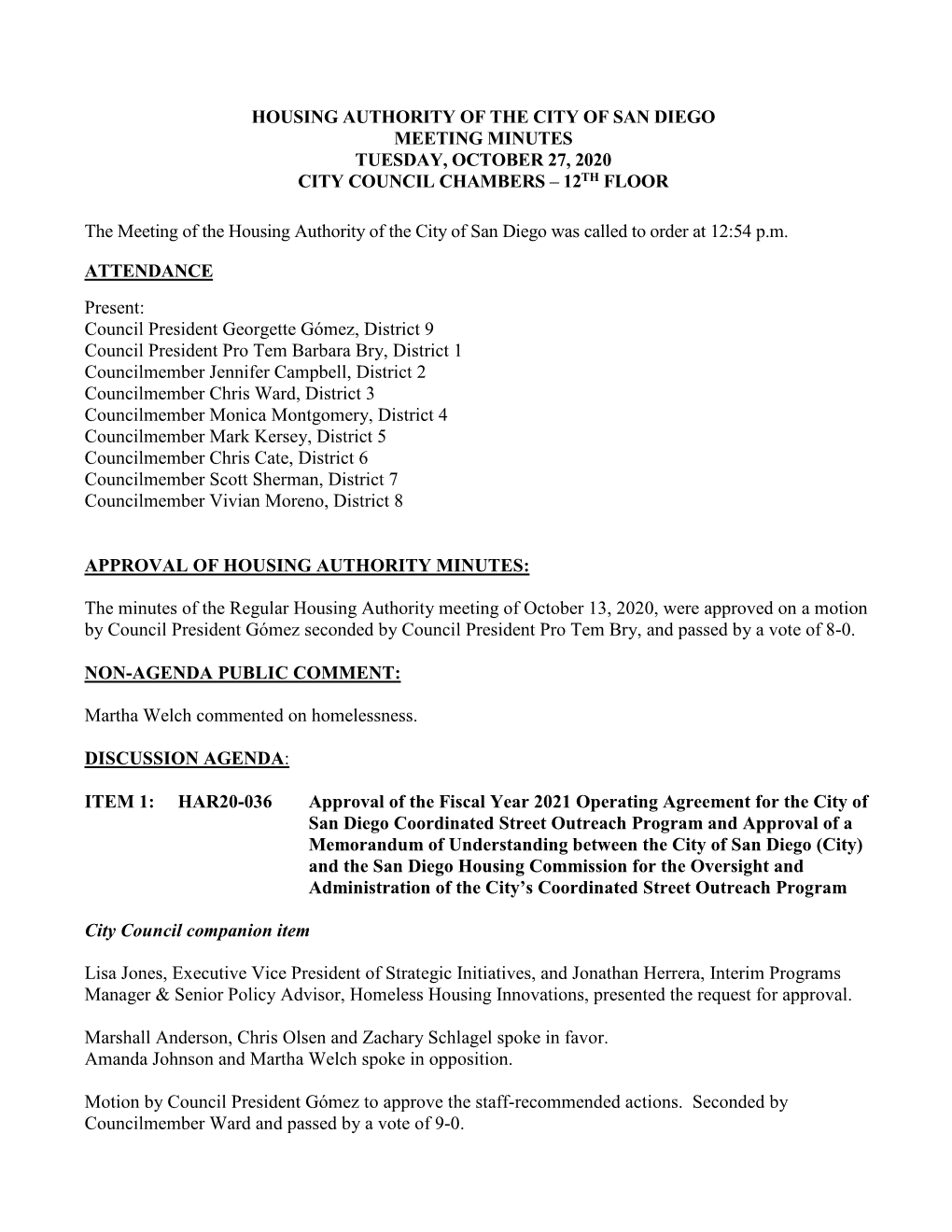 Housing Authority of the City of San Diego Meeting Minutes Tuesday, October 27, 2020 City Council Chambers – 12Th Floor