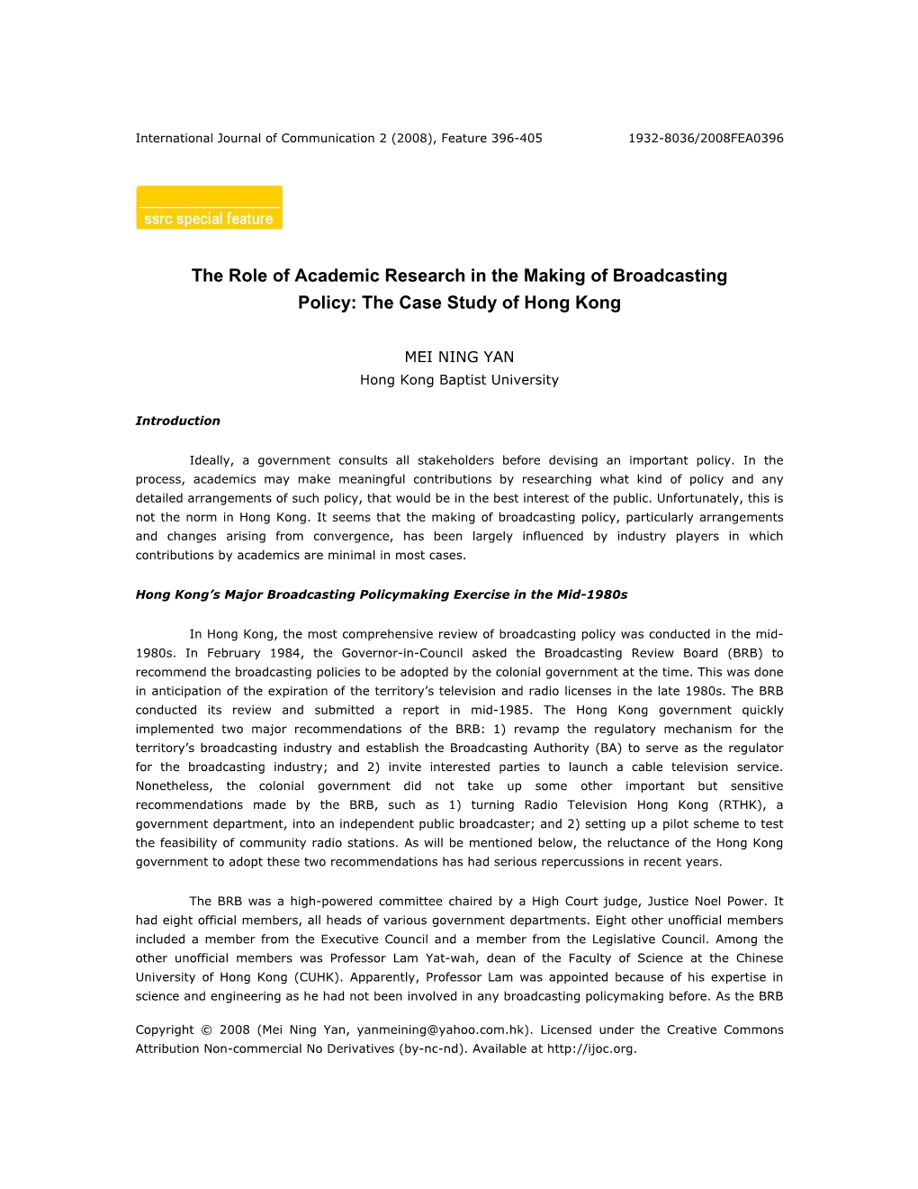 The Role of Academic Research in the Making of Broadcasting Policy: the Case Study of Hong Kong