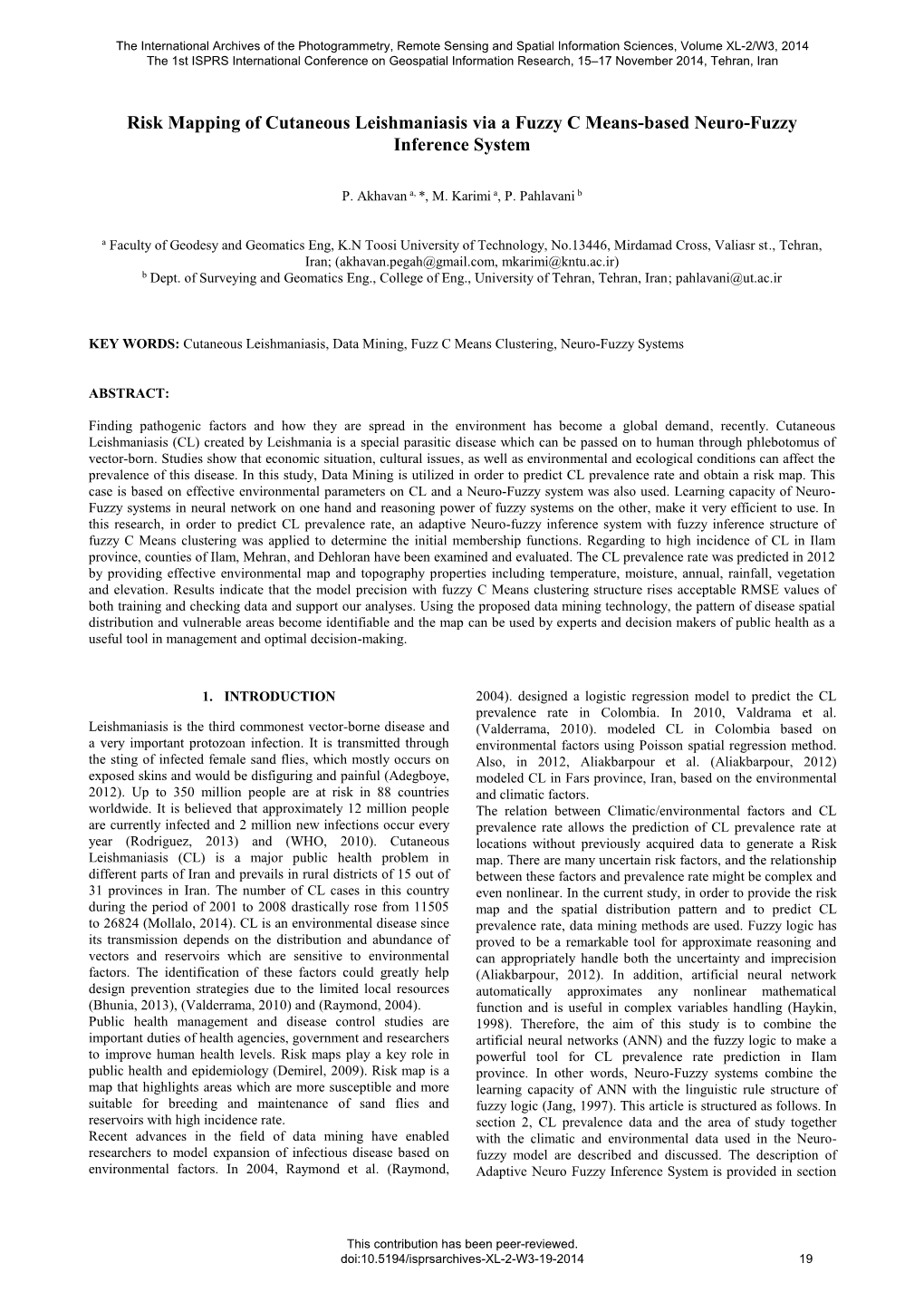 Risk Mapping of Cutaneous Leishmaniasis Via a Fuzzy C Means-Based Neuro-Fuzzy Inference System