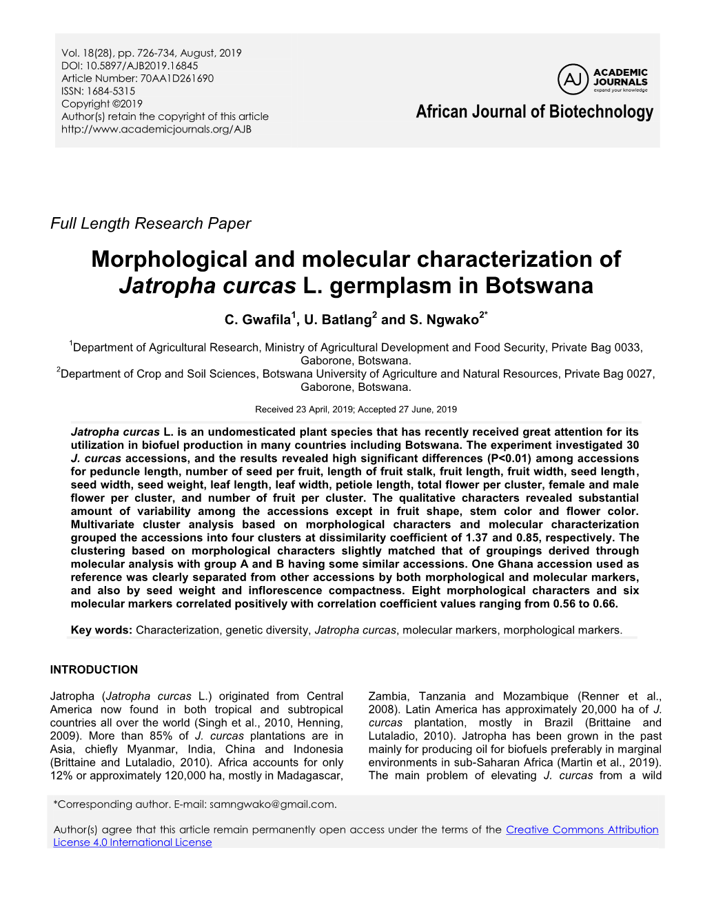 Morphological and Molecular Characterization of Jatropha Curcas L
