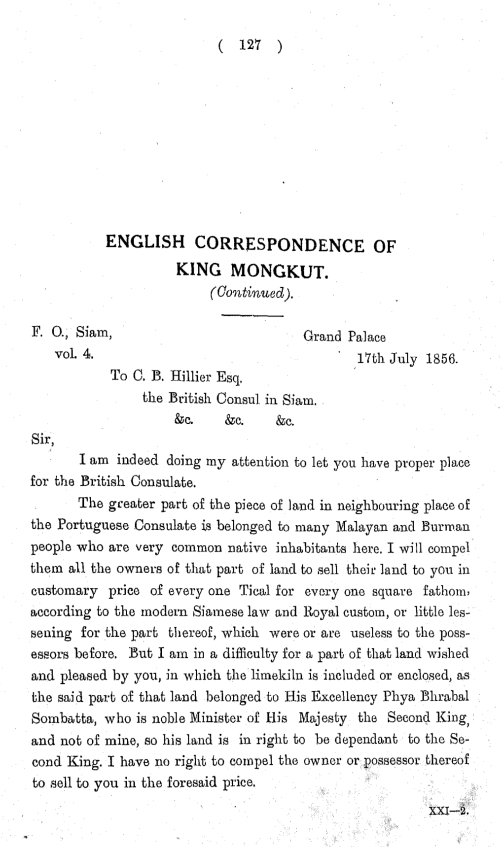 ENGLISH CORRESPONDENCE of KING MONGKUT. (Continued)