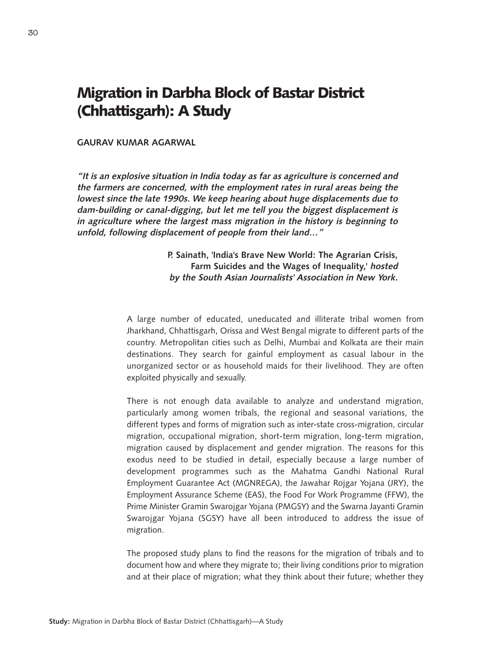 Migration in Darbha Block of Bastar District (Chhattisgarh): a Study