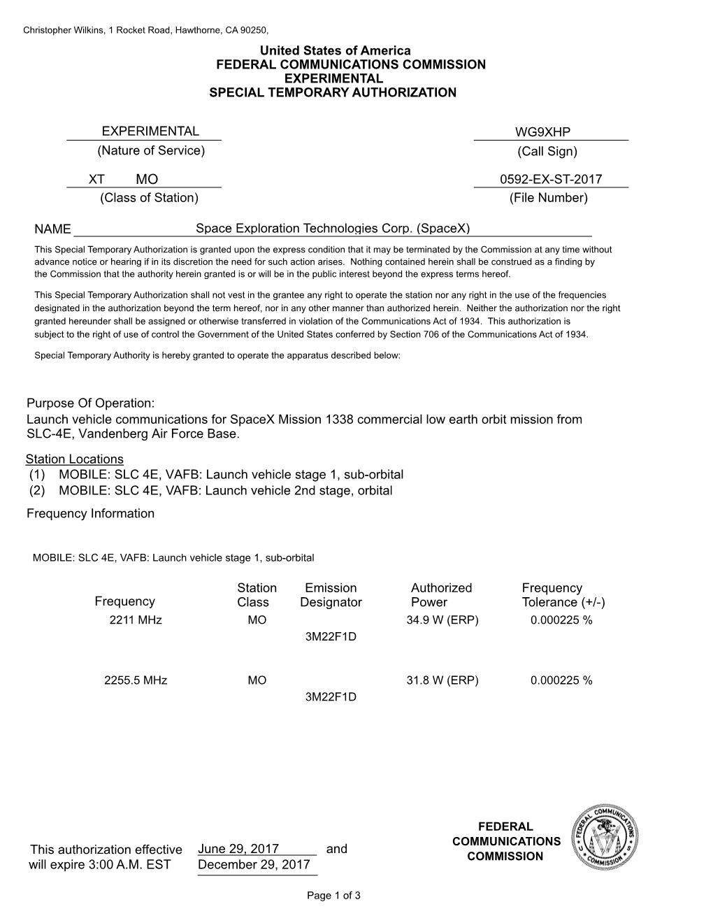 0592-Ex-St-2017 Xt Federal Communications Commission