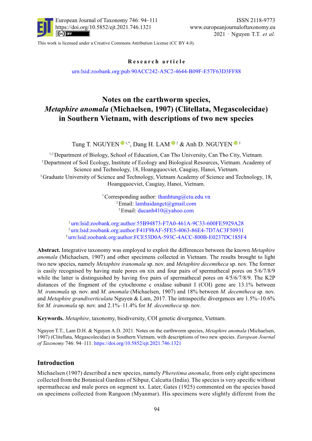 Notes on the Earthworm Species, Metaphire Anomala (Michaelsen, 1907) (Clitellata, Megascolecidae) in Southern Vietnam, with Descriptions of Two New Species