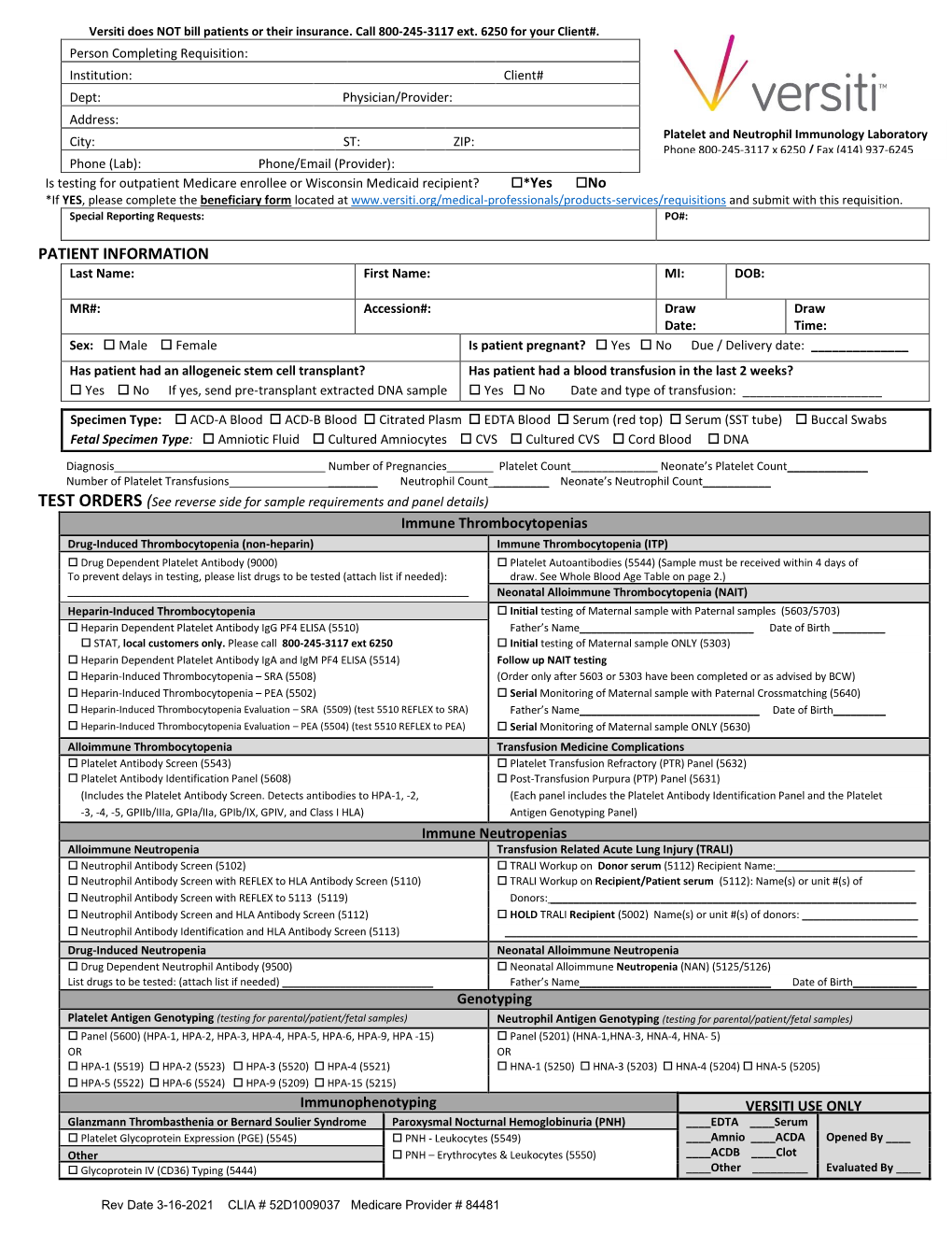 Platelet and Neutrophil Immunology Testing Requisition