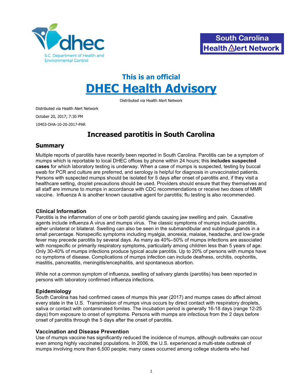 CDC/DHEC Health Alert-Advisory-Update