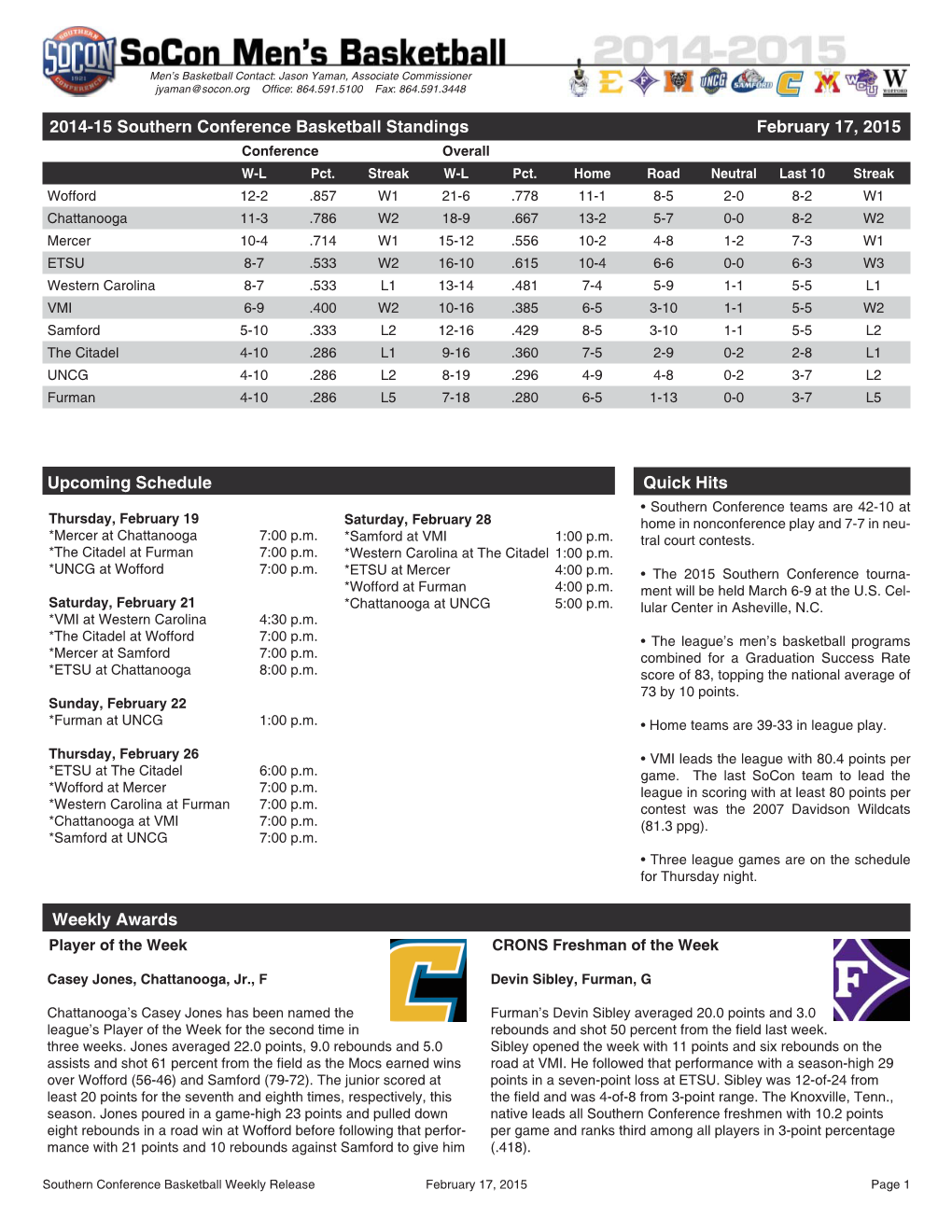 Quick Hits 2014-15 Southern Conference Basketball Standings