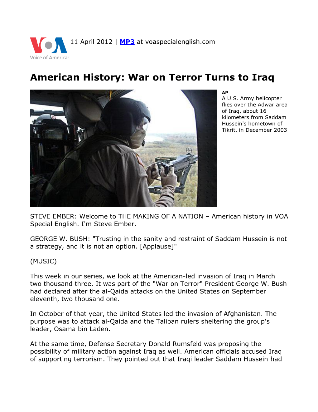 American History: War on Terror Turns to Iraq