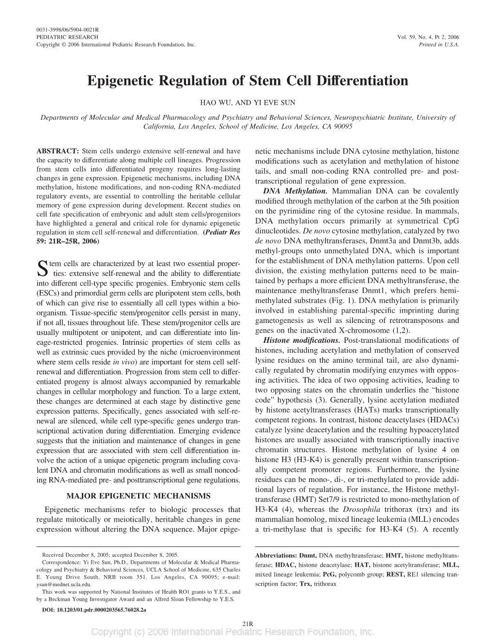 Epigenetic Regulation of Stem Cell Differentiation