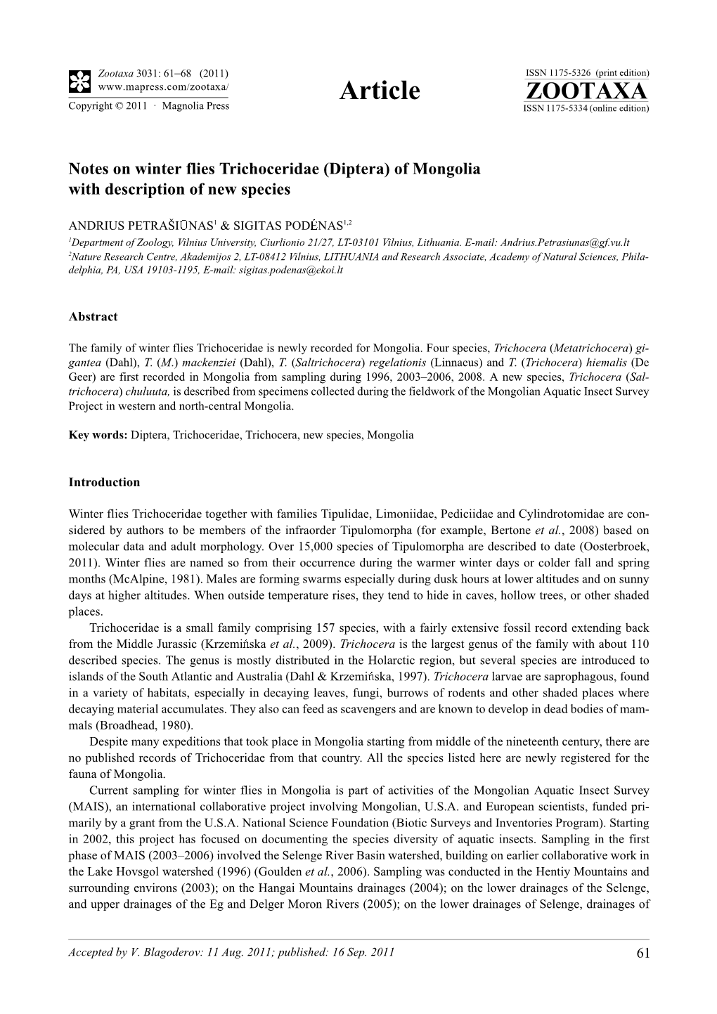 Notes on Winter Flies Trichoceridae (Diptera) of Mongolia with Description of New Species