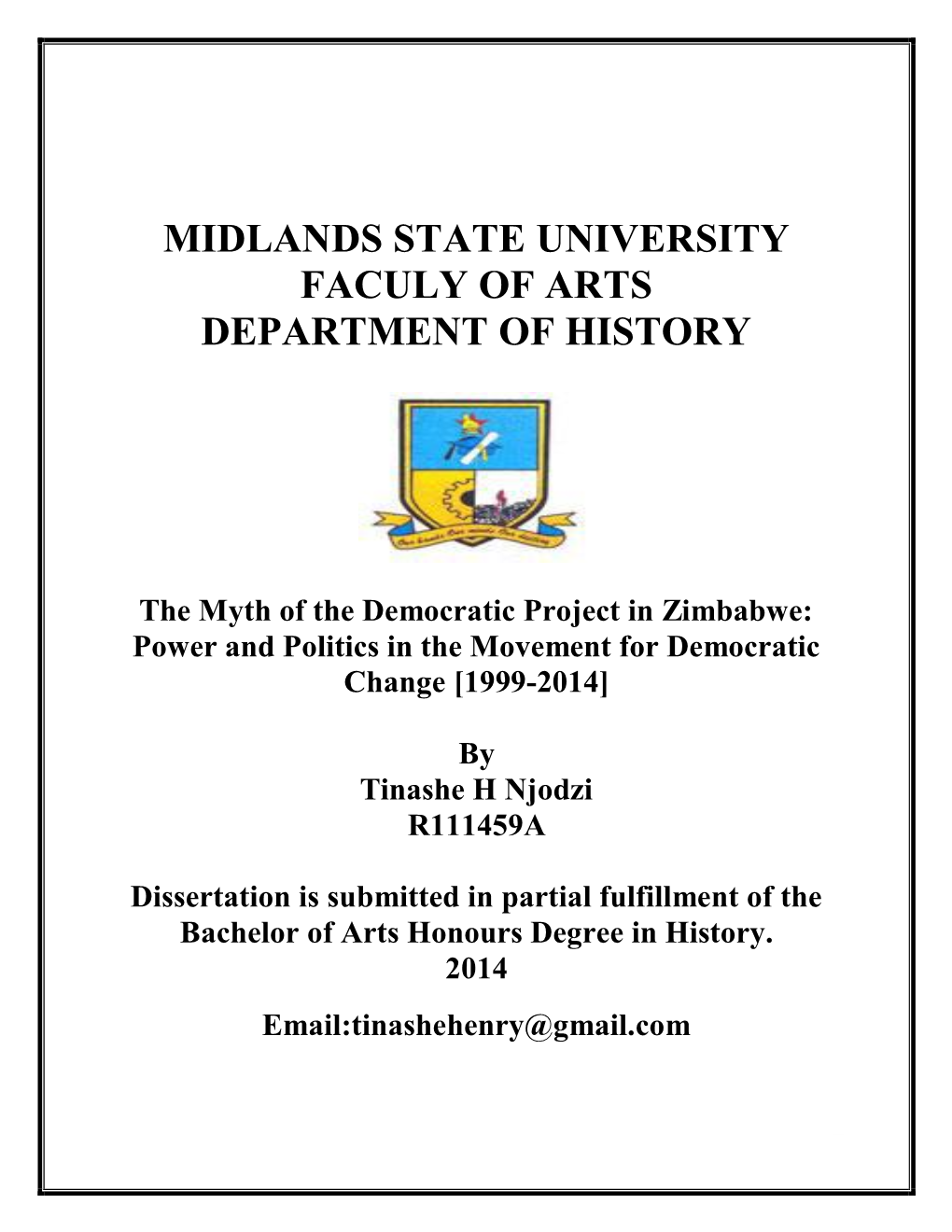 Midlands State University Faculy of Arts Department of History