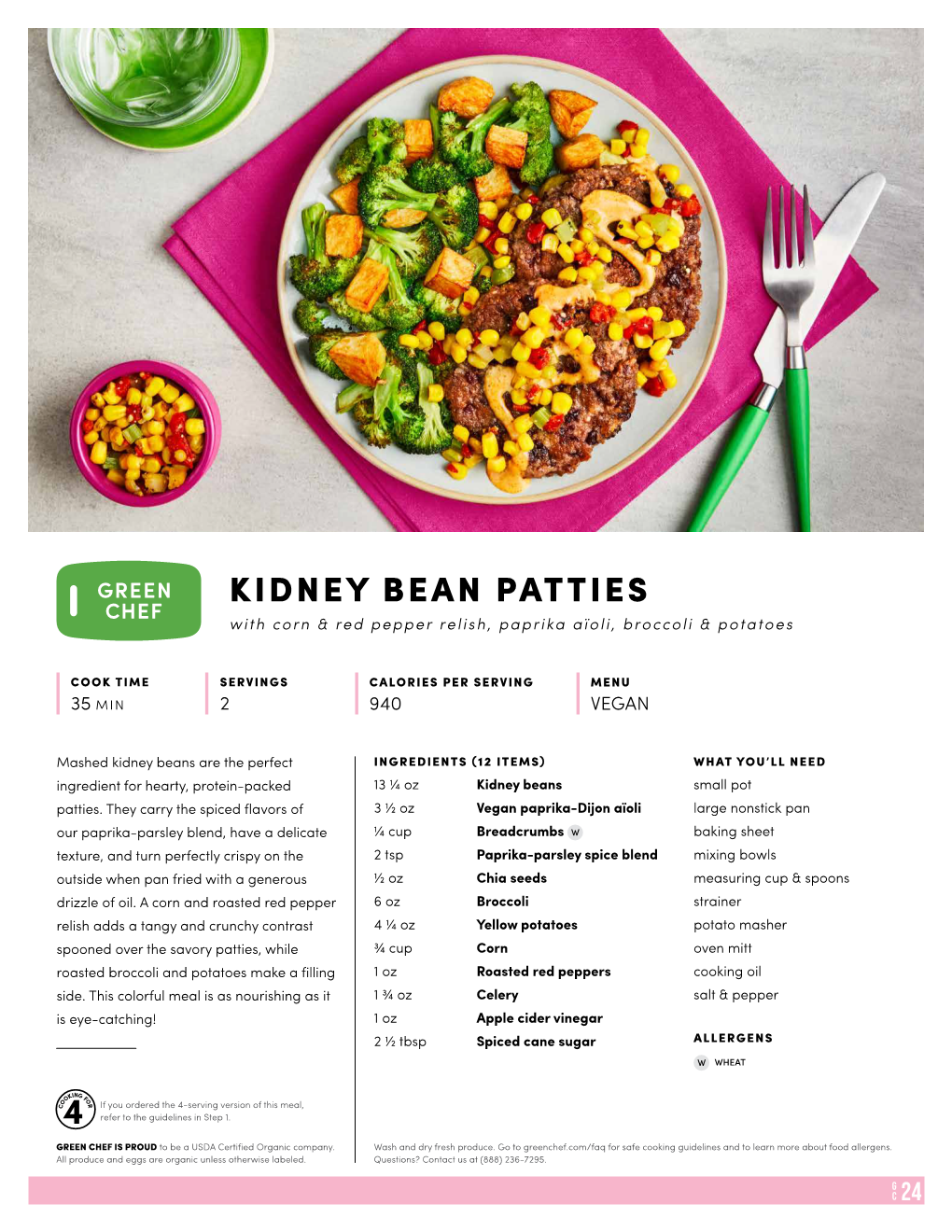 KIDNEY BEAN PATTIES with Corn & Red Pepper Relish, Paprika Aïoli, Broccoli & Potatoes