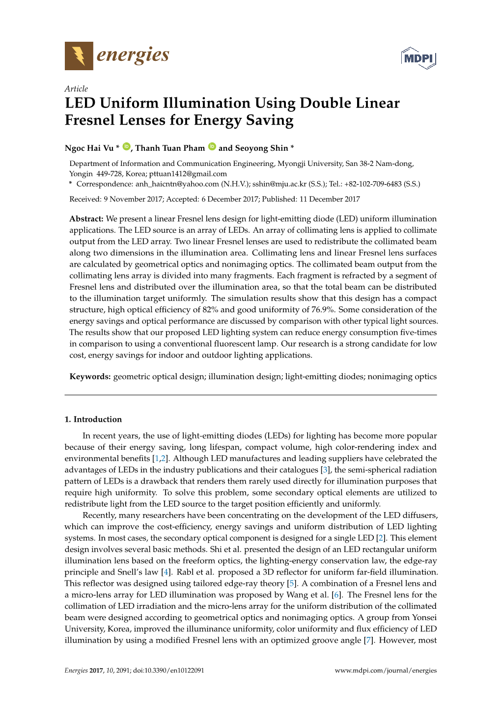 LED Uniform Illumination Using Double Linear Fresnel Lenses for Energy Saving