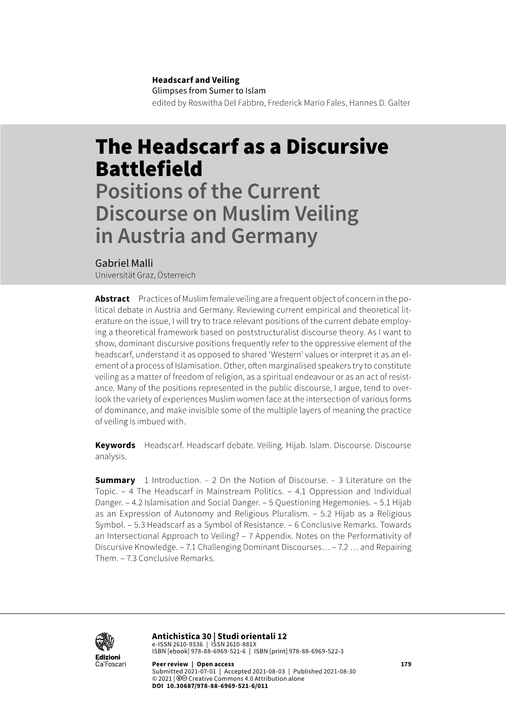 Positions of the Current Discourse on Muslim Veiling in Austria and Germany Gabriel Malli Universität Graz, Österreich