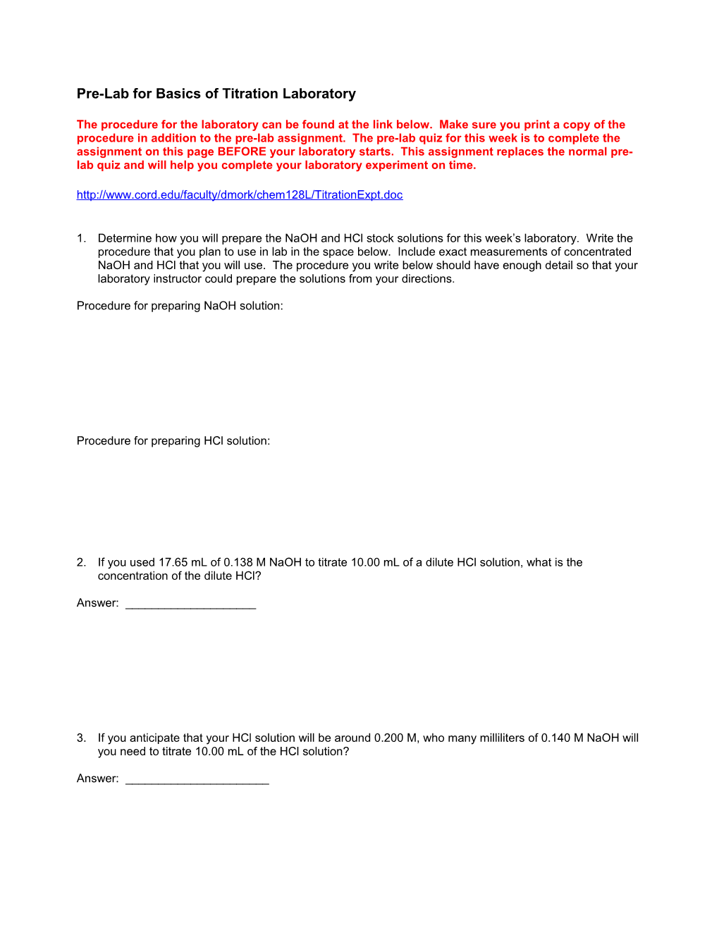 Pre-Lab for Basics of Titrations Laboratory