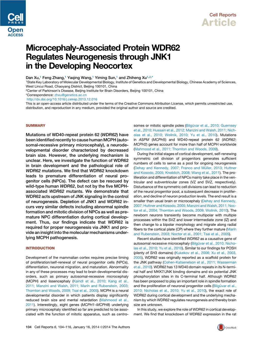 Microcephaly-Associated Protein WDR62 Regulates Neurogenesis Through JNK1 in the Developing Neocortex