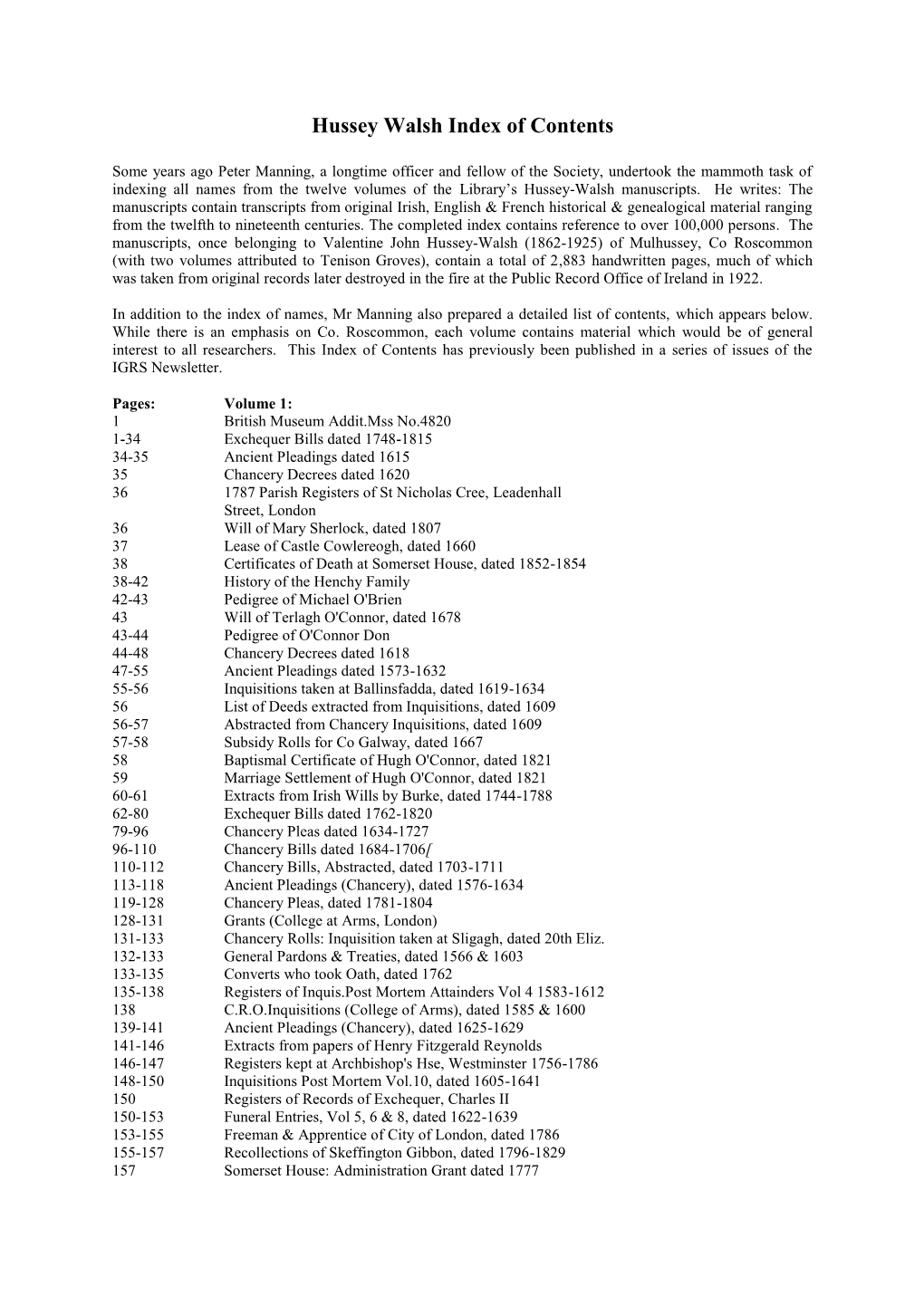 Hussey-Walsh Manuscripts Contents