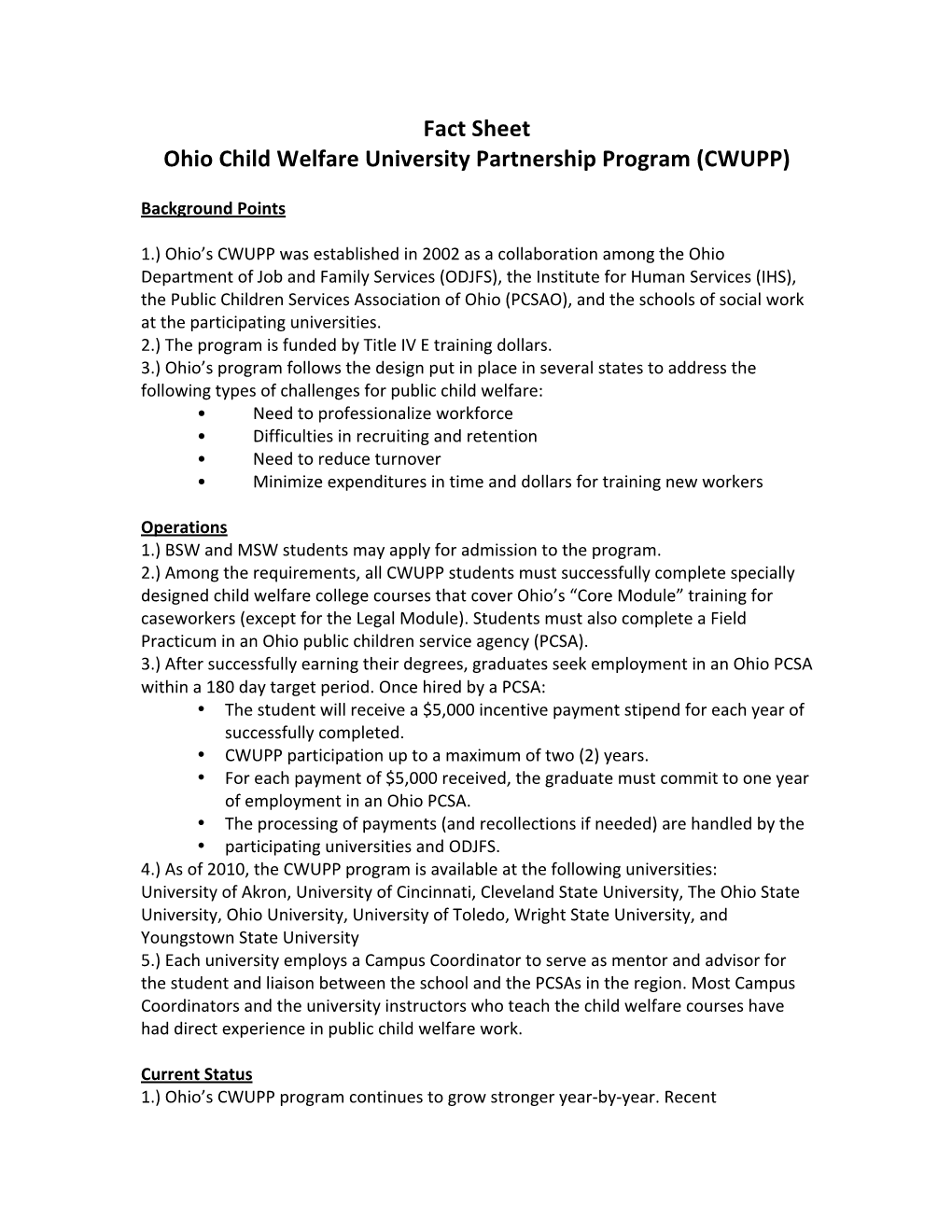 Fact Sheet Ohio Child Welfare University Partnership Program (CWUPP)