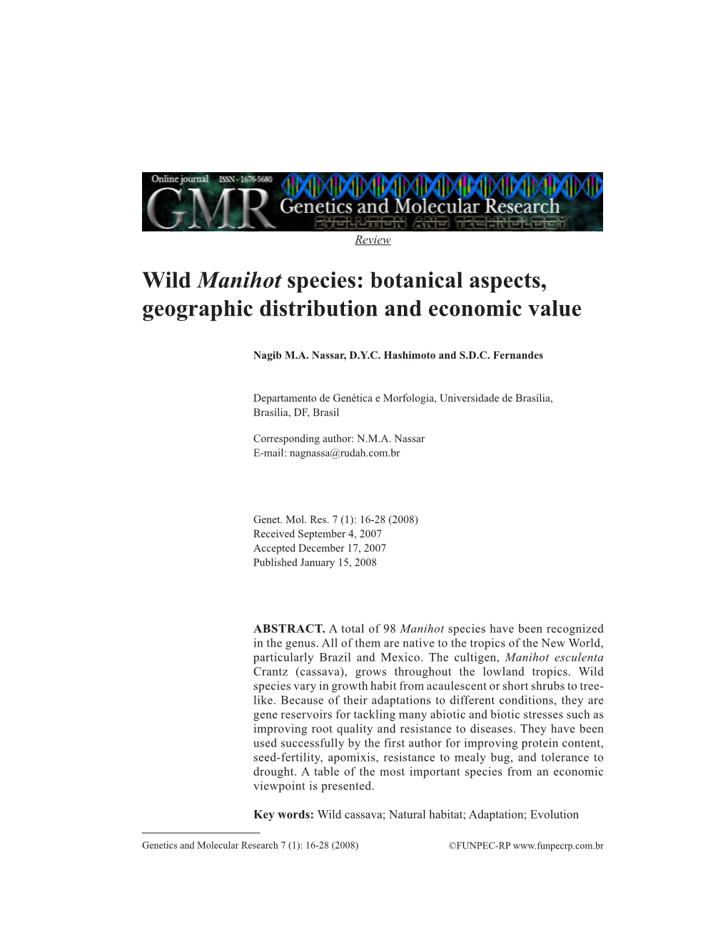 Wild Manihot Species: Botanical Aspects, Geographic Distribution and Economic Value