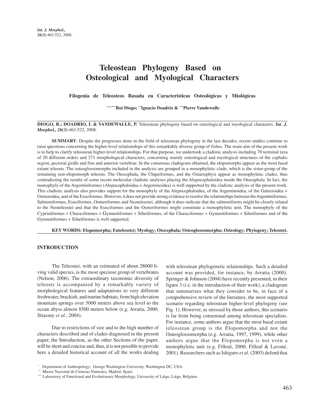 Teleostean Phylogeny Based on Osteological and Myological Characters