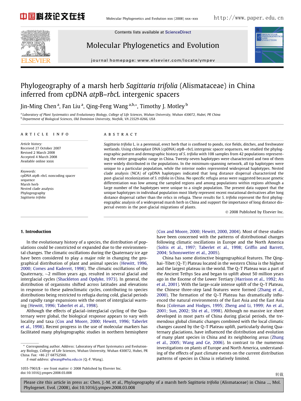 Phylogeography of a Marsh Herb Sagittaria Trifolia (Alismataceae) in China Inferred from Cpdna Atpb–Rbcl Intergenic Spacers