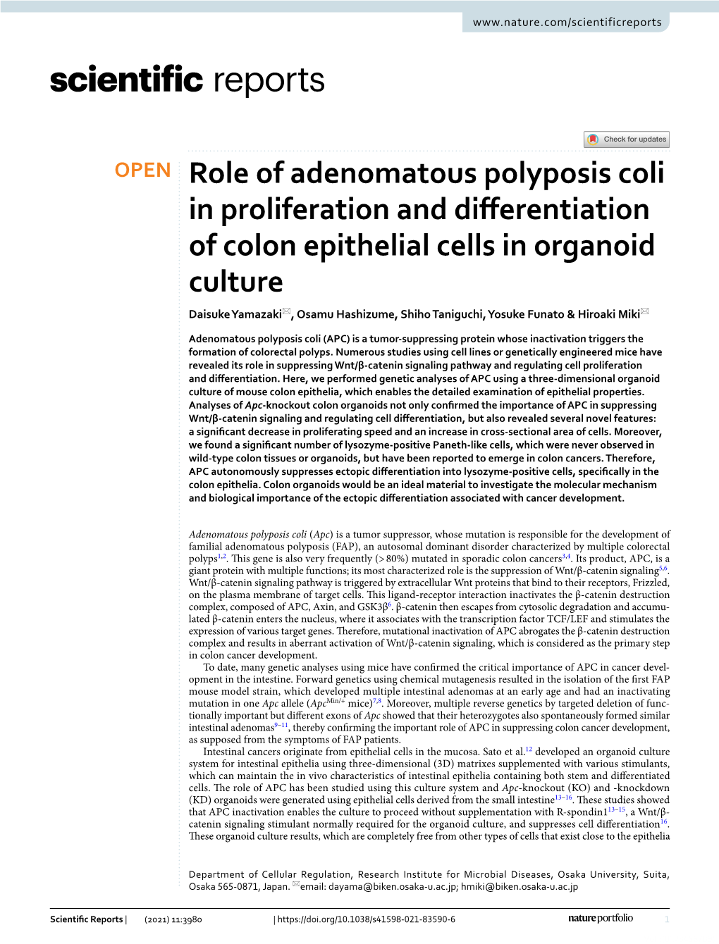 Role of Adenomatous Polyposis Coli in Proliferation and Differentiation Of