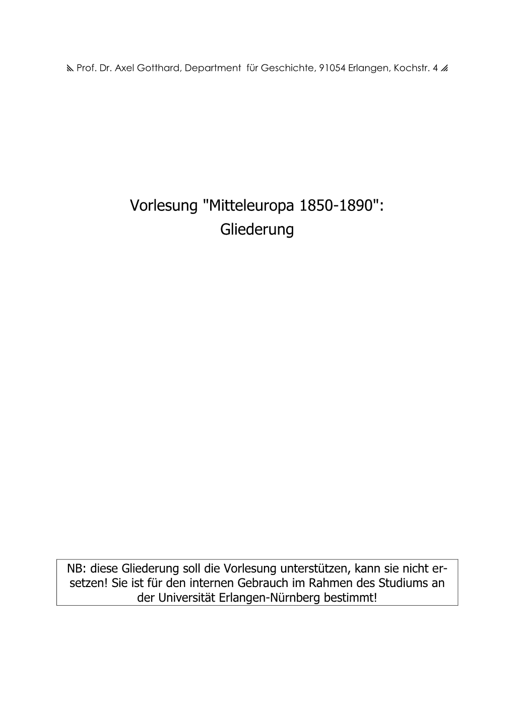 Mitteleuropa 1850-1890": Gliederung