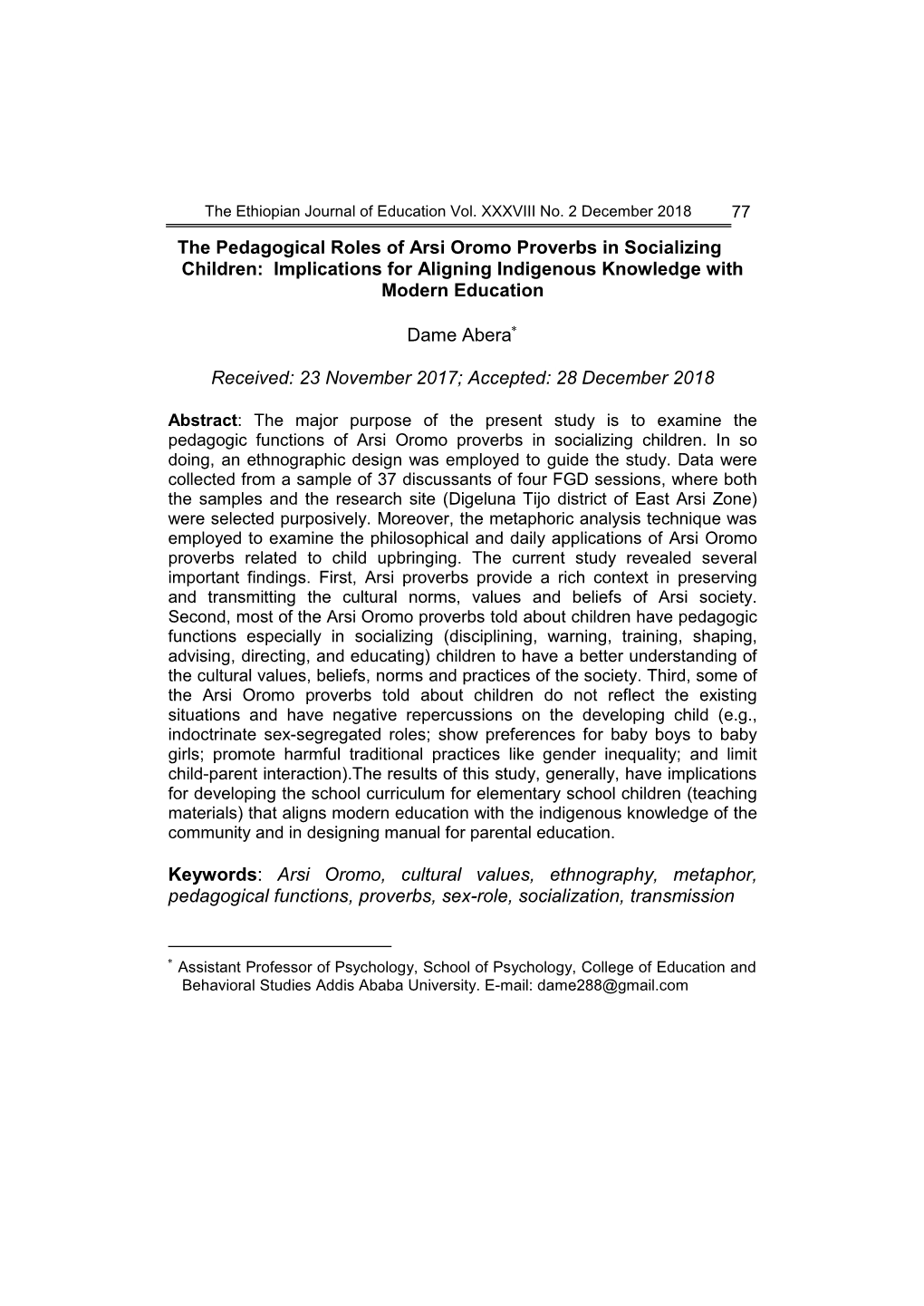 The Pedagogical Roles of Arsi Oromo Proverbs in Socializing Children: Implications for Aligning Indigenous Knowledge with Modern Education