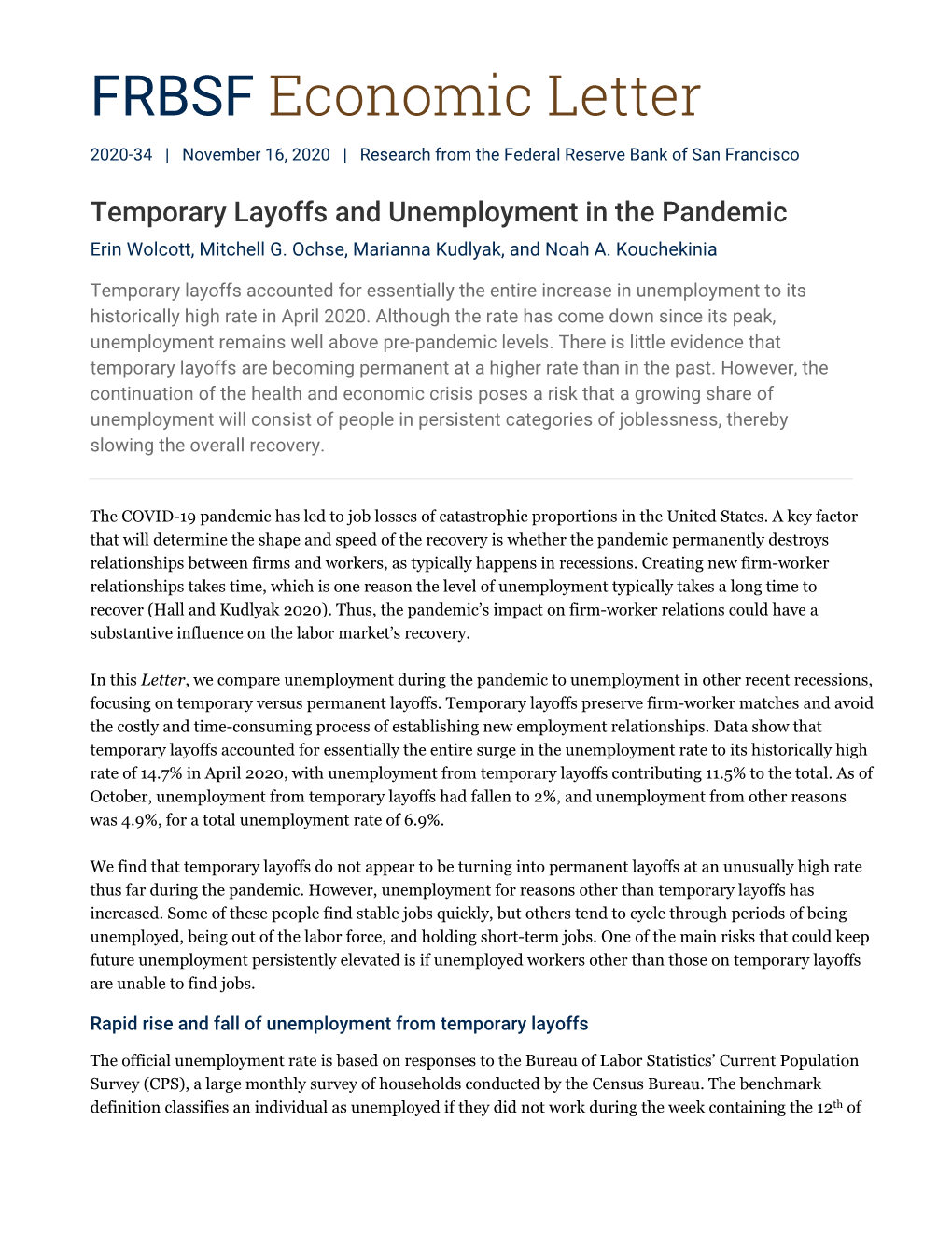 Temporary Layoffs and Unemployment in the Pandemic Erin Wolcott, Mitchell G