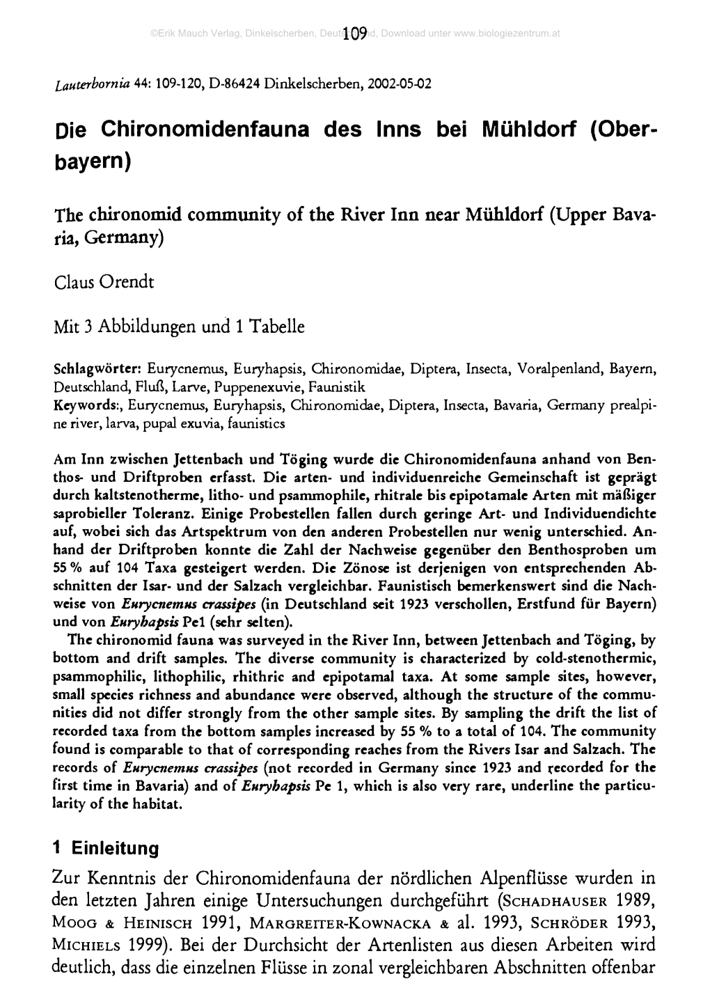 Die Chironomidenfauna Des Inns Bei Mühldorf (Ober­ Bayern)