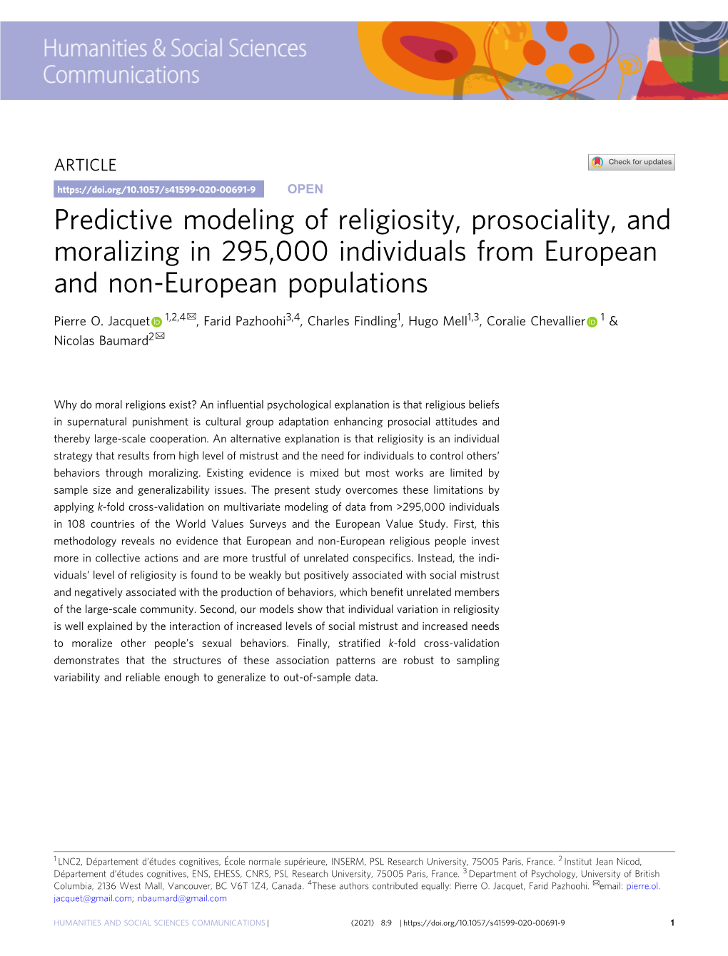 Predictive Modeling of Religiosity, Prosociality, and Moralizing in 295,000 Individuals from European and Non-European Populations ✉ Pierre O