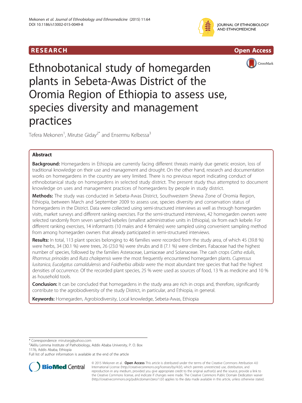 Ethnobotanical Study of Homegarden Plants in Sebeta-Awas District of The