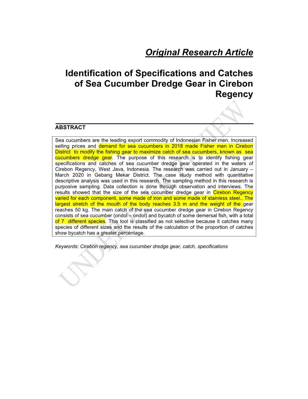 Original Research Article Identification of Specifications and Catches Of