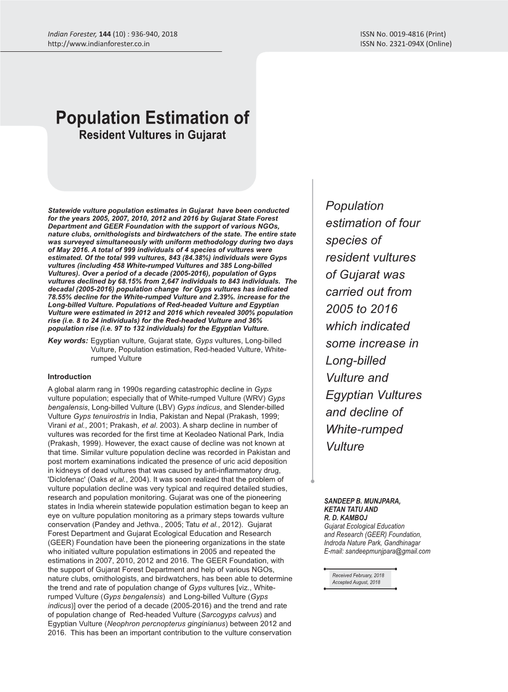 Population Estimation of Resident Vultures in Gujarat