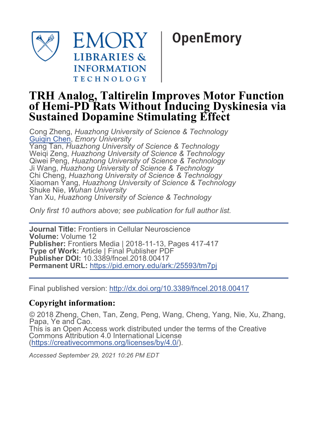 TRH Analog, Taltirelin Improves Motor Function of Hemi-PD Rats Without