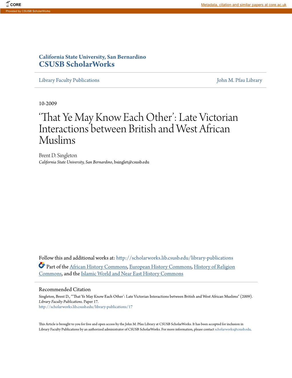 Late Victorian Interactions Between British and West African Muslims Brent D