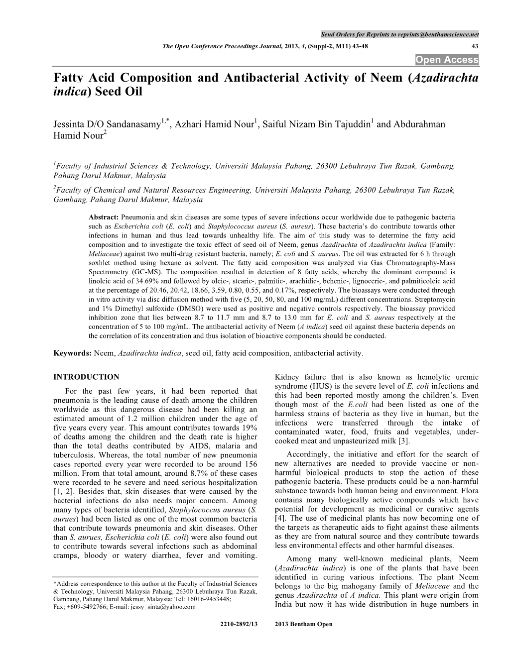 Fatty Acid Composition and Antibacterial Activity of Neem (Azadirachta Indica) Seed Oil