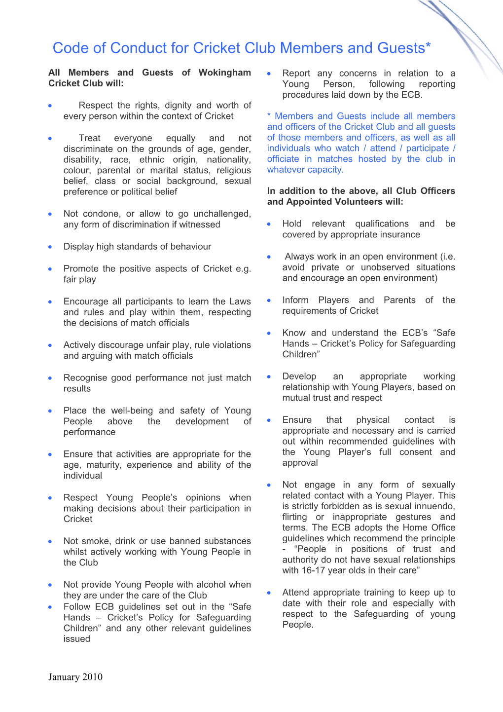 Code of Conduct for Cricket Club Members and Guests* s1